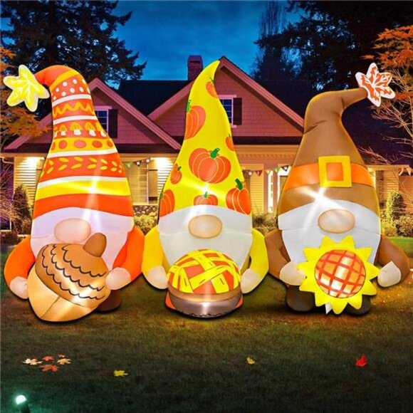 6FT Thanksgiving Inflatables Decorations Three Gnomes Blow Up with LED Lights - Picture 6 of 7